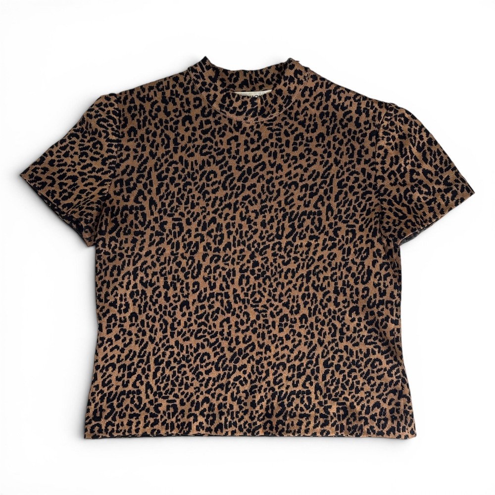 St. John Knit Womens Leopard Print Mock Neck Short Sleeve Wool Blend Top Brown S